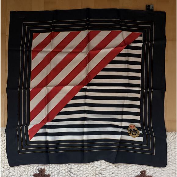 Ralph Lauren Accessories - VTG Ralph Lauren Red White Black Striped Square Silk Crest Scarf 32”